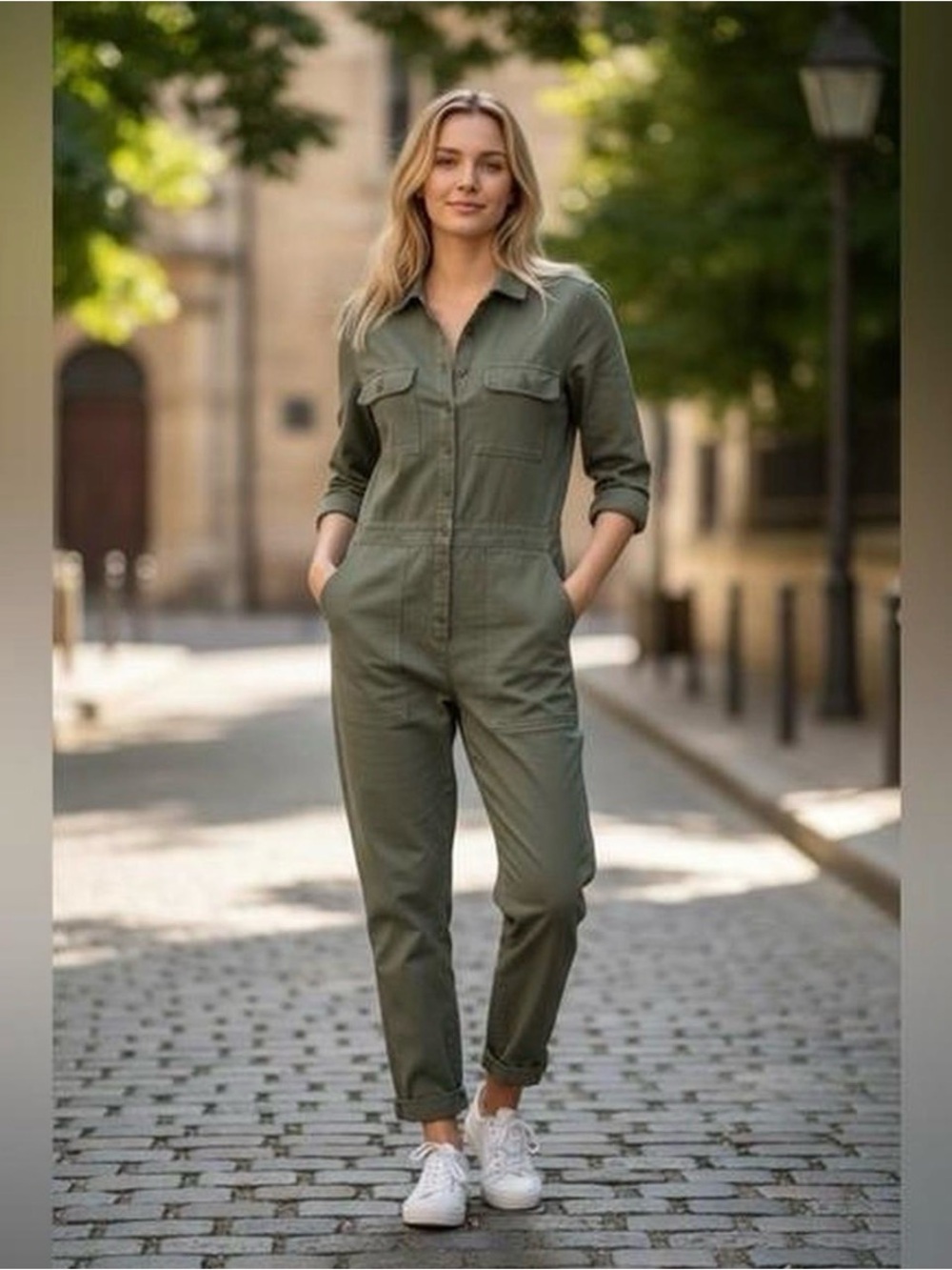 Outerknown Short-Sleeve Utility Jumpsuit in olive green